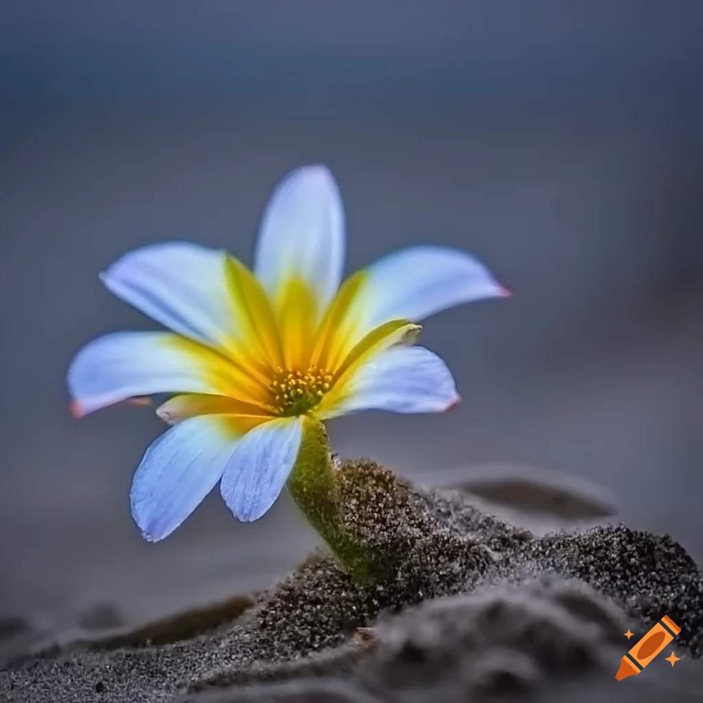 Luminous flower blooming in the sandy beach at night, close-up shot