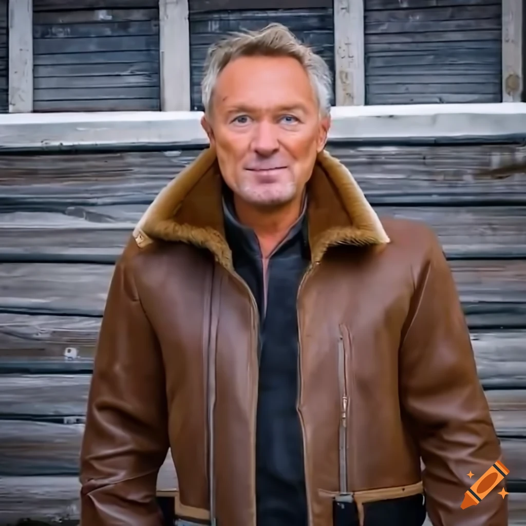 Young man in sheepskin jacket and leather trousers standing in barn doorway