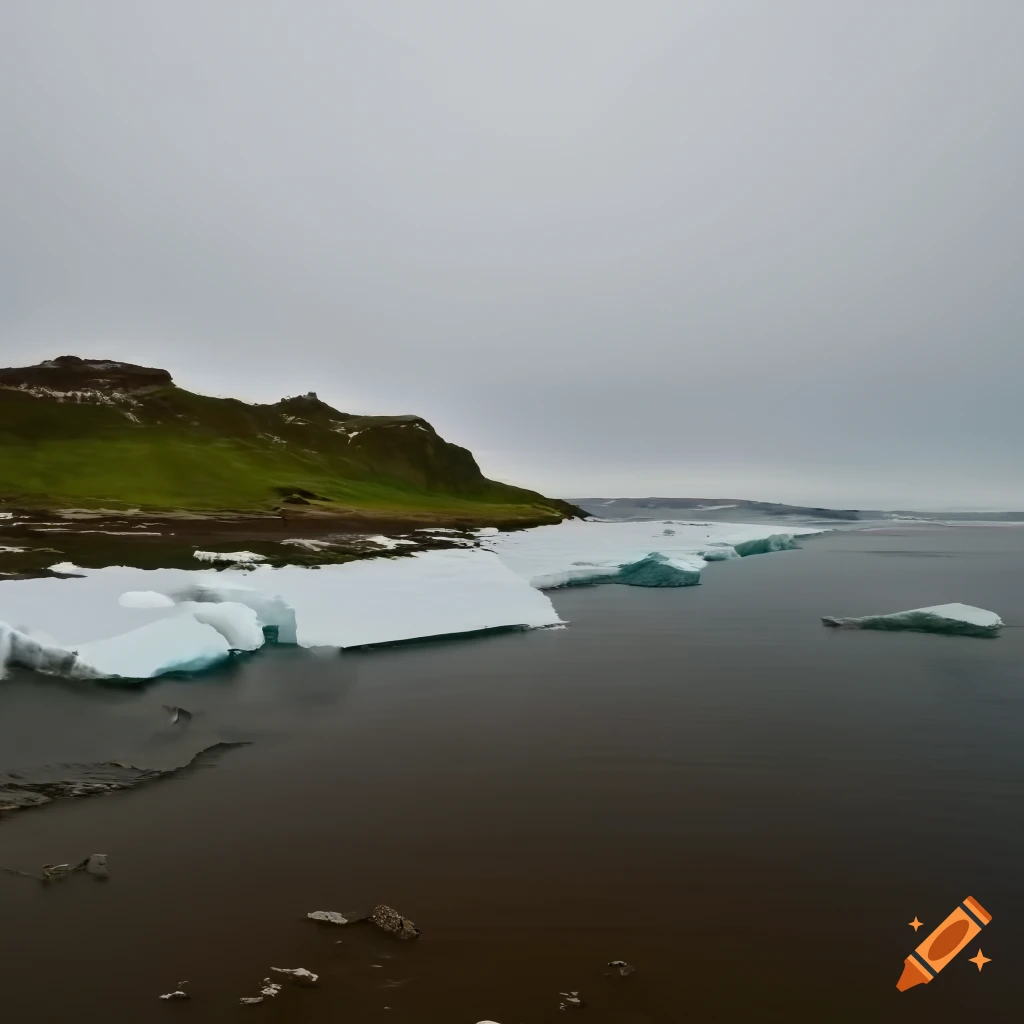 Island landscape with ice sheets, pale beach, and mountains under overcast sky