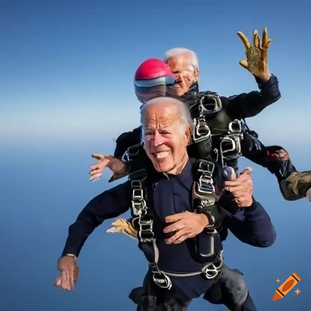Joe Biden skydiving with a rooster