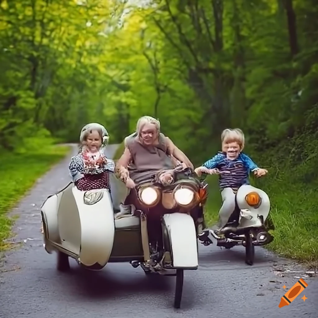 Senior lady riding a motorcycle with grandkids in the sidecar