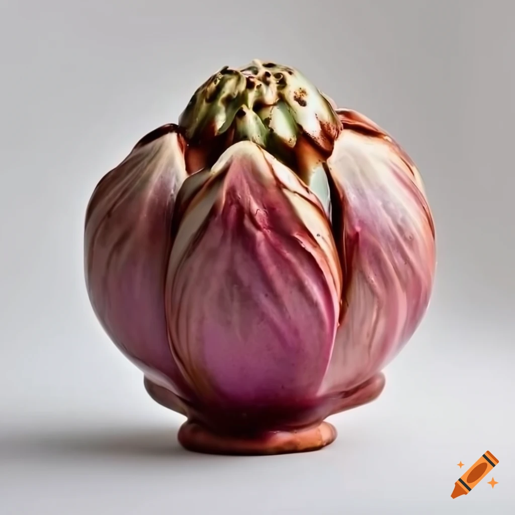 Ceramic tall fig artichoke in gore-colored glaze with salt crystals on white background