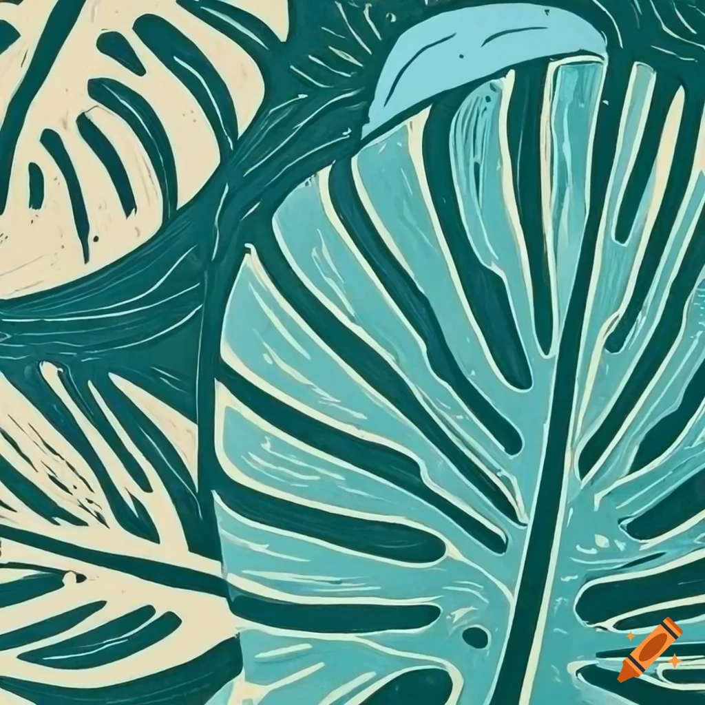 Monstera flowers in fresh Style linocut