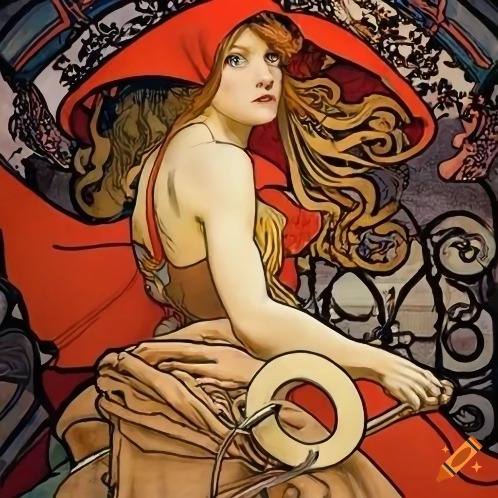 Red Riding Hood meeting the wolf in a travel poster style influenced by James Gurney, Norman Rockwell, and Alphonse Mucha
