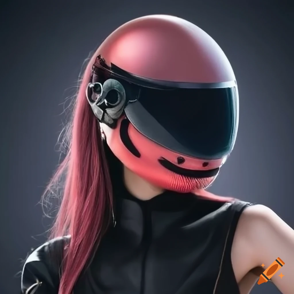 Girl in black motorcycle helmet with visor and dark rose gold hair in ponytail