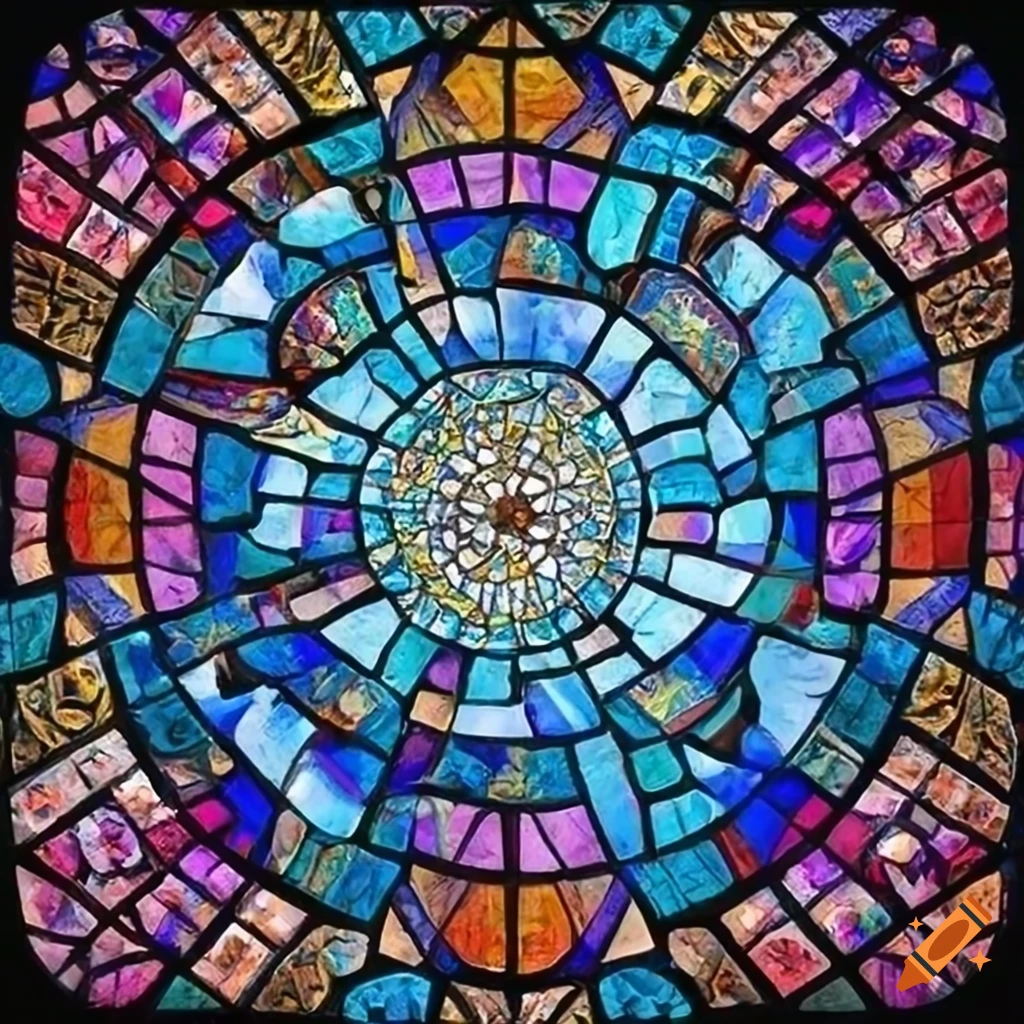 Stained glass mosaic of Jovar, the 6th layer of Mount Celestia, emanating celestial tranquility