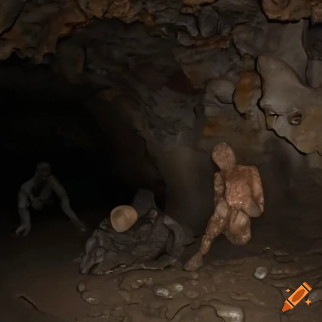 Cursed and deformed person crying in a dark cavern with rusted metal railings