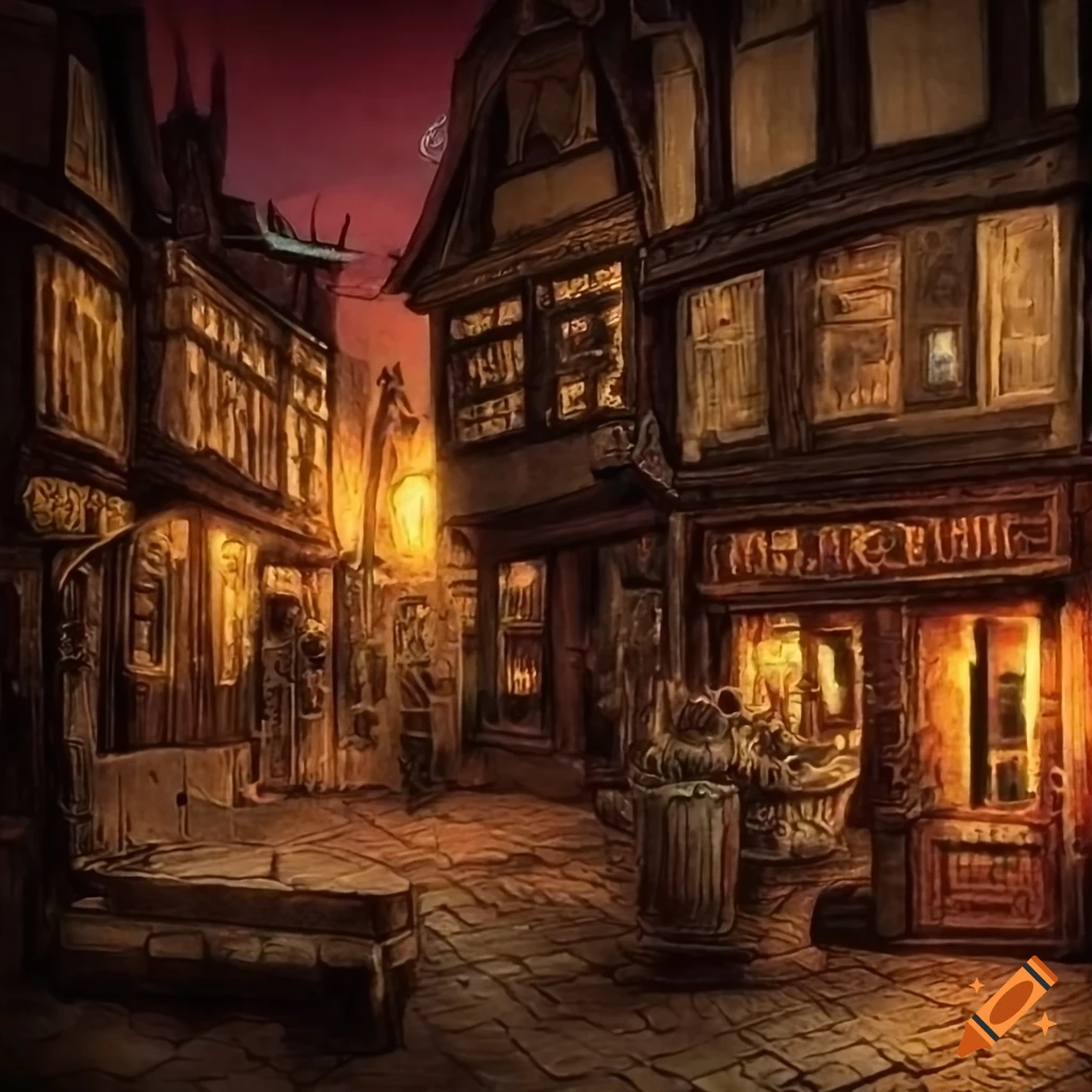 Fantasy city with streets, taverns, shops, and people
