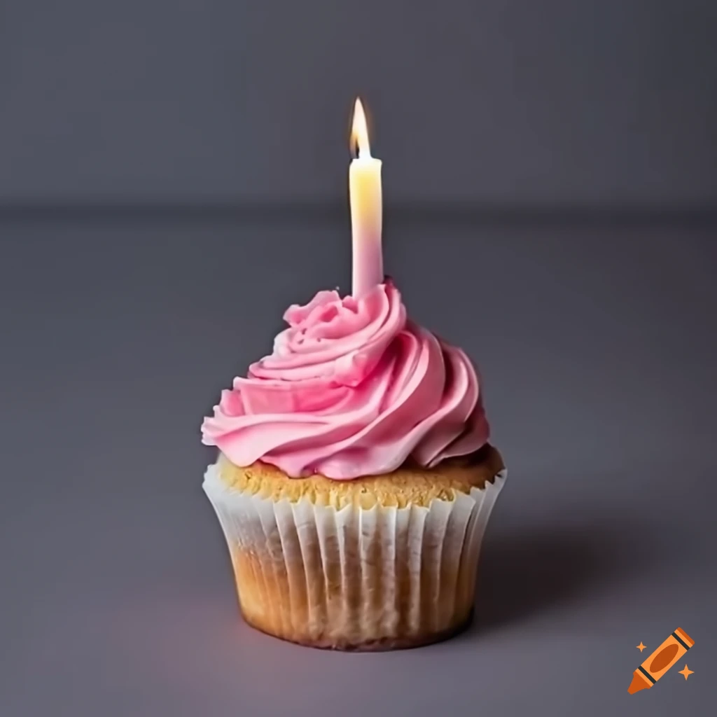 Single cupcake with pink frosting and a candle on a gray table