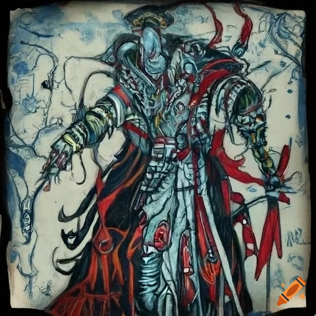 Dark warrior in Amano style art painting depicting conquest and deck ...