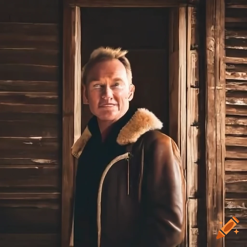 Young British actor in sheepskin bomber jacket and leather trousers standing in barn doorway