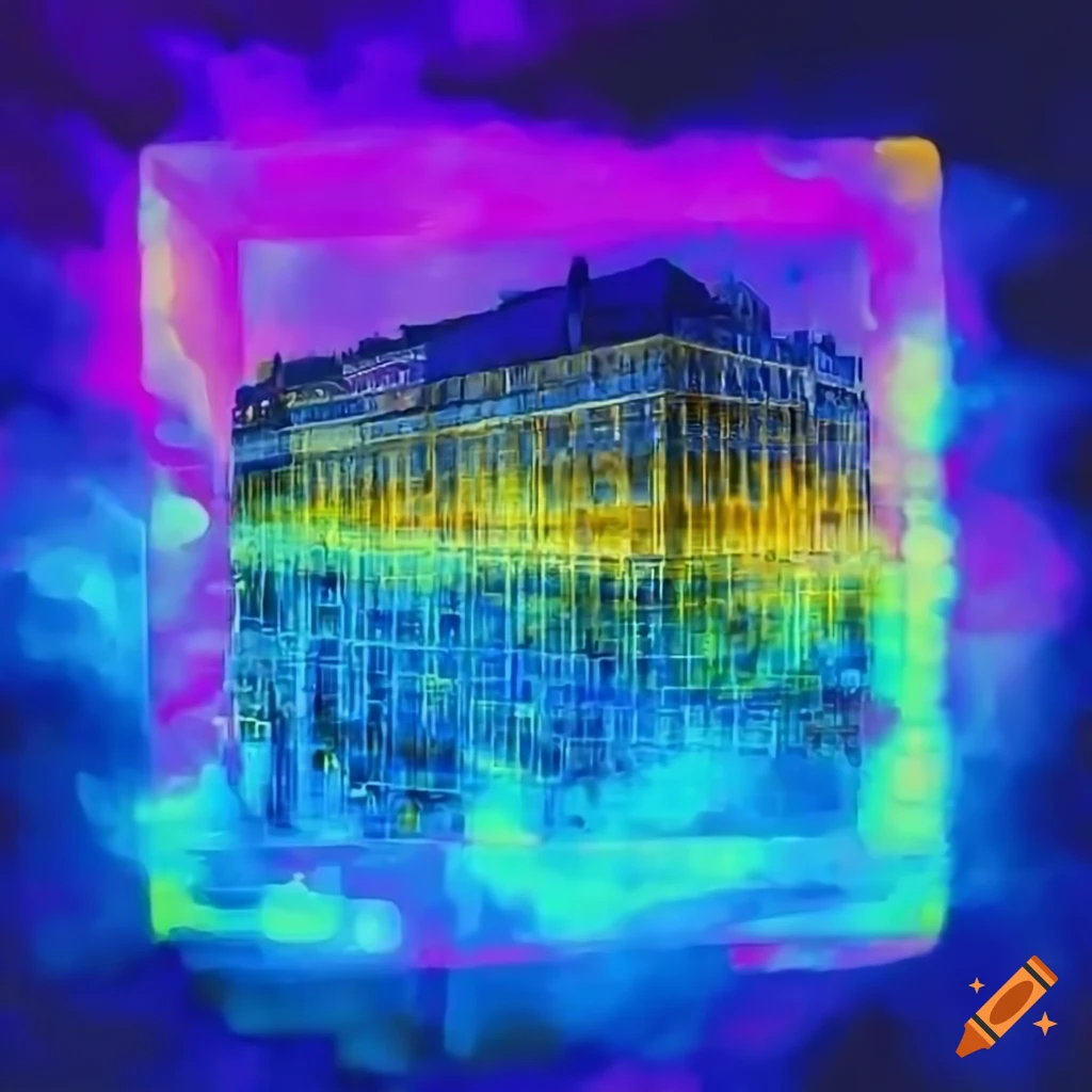City scene with artistic hues and hologram in the sky