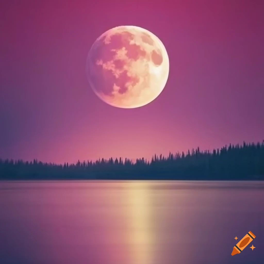 Pink moon over placid lake with willow trees