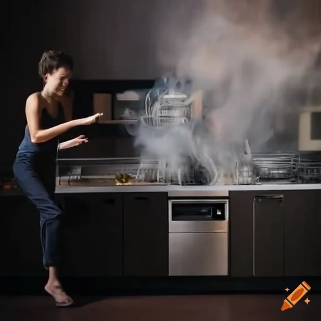 People fleeing from a smoking dishwasher in a kitchen
