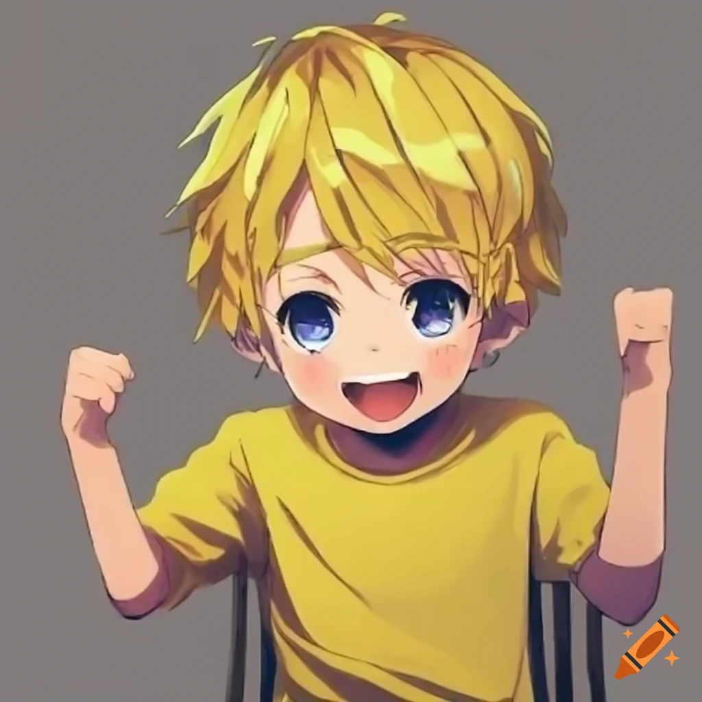 Cheerful anime boy in a yellow outfit sitting happily