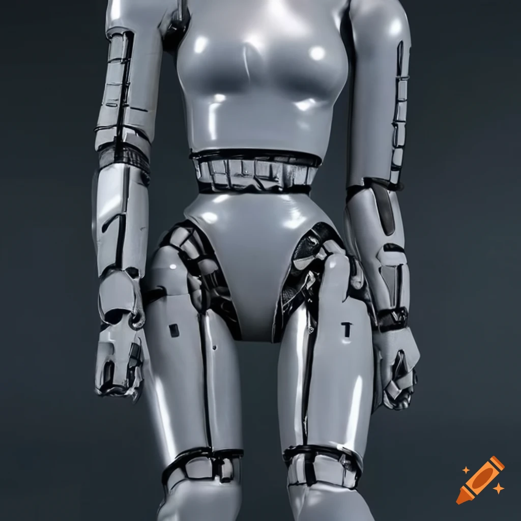 Shiny gray latex mech robot modeled after Sophie Turner