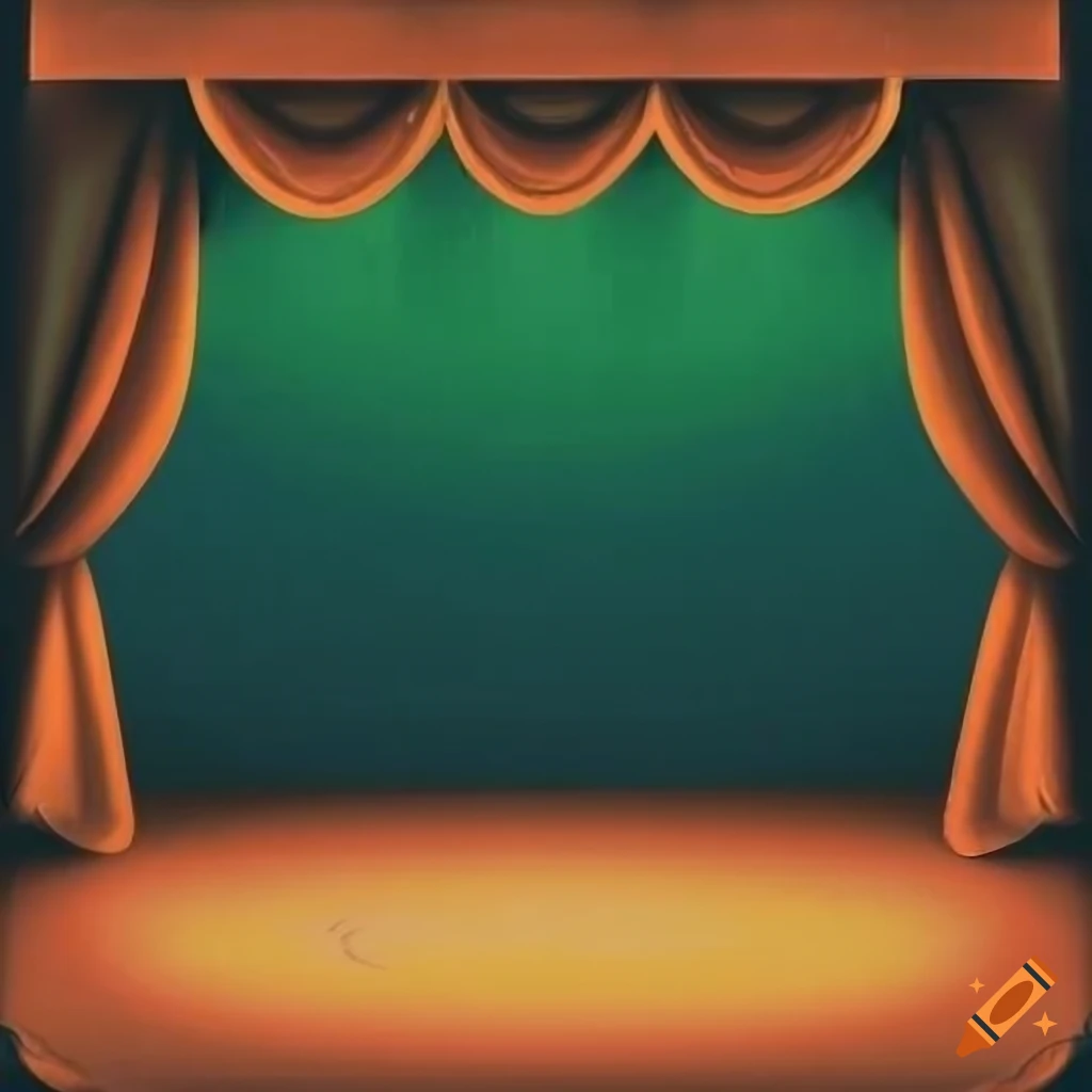 Chalk illustration of theater stage in orange and green colors on black panel