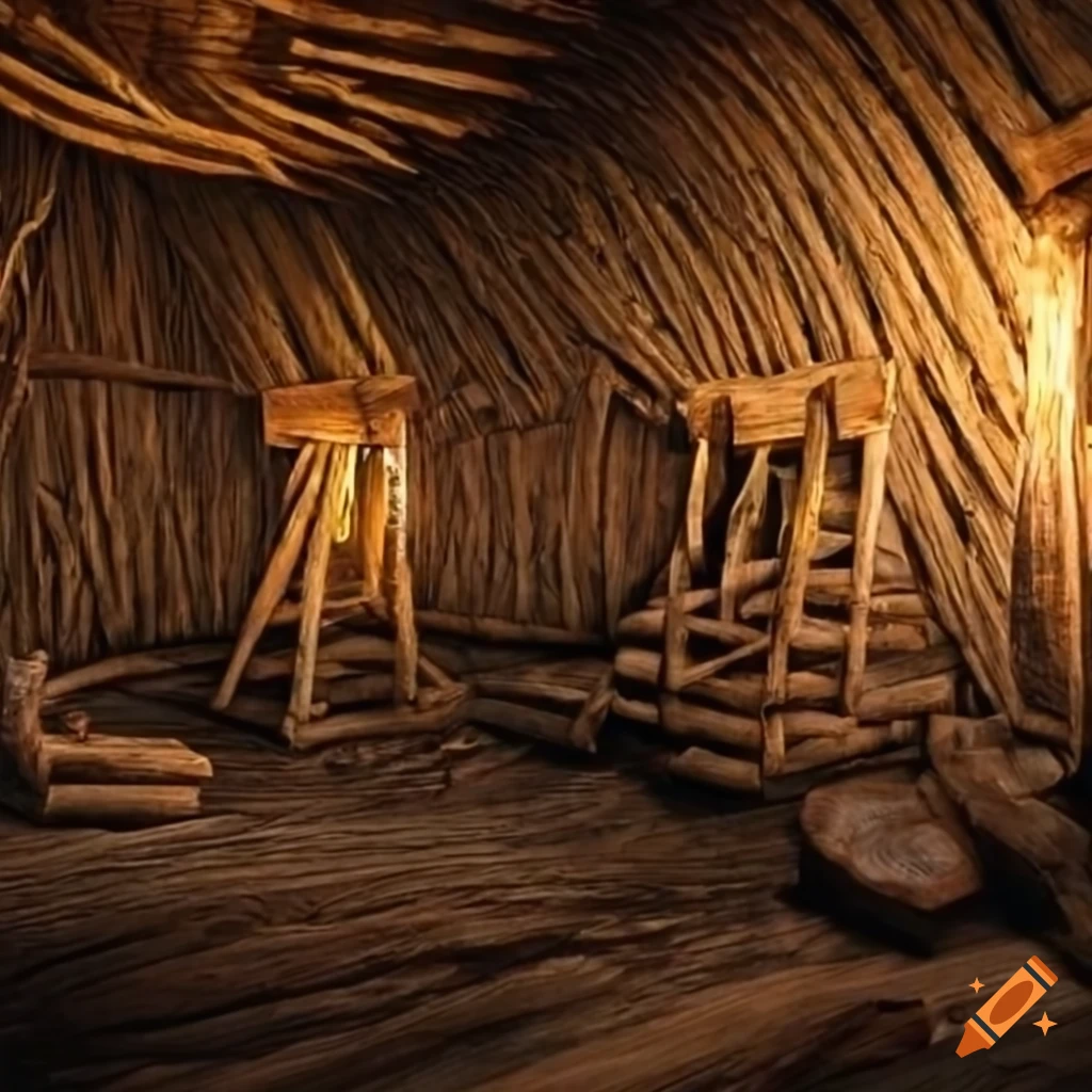Wooden ark in a rough storm made of logs and thatch