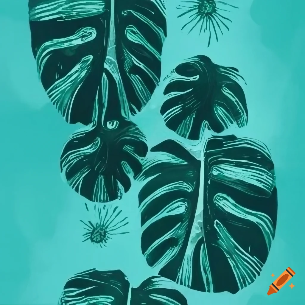 Monstera flowers in fresh Style linocut