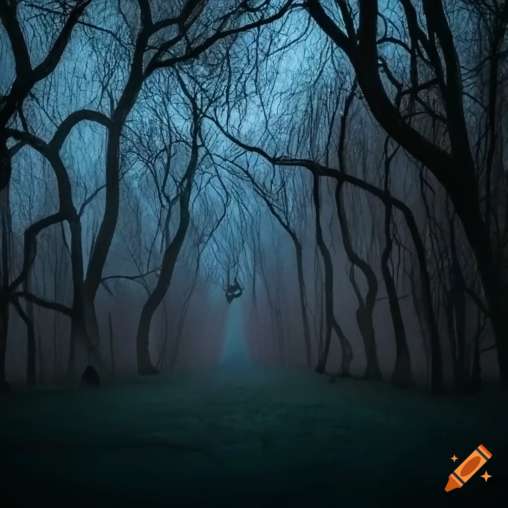 Dark moonlit night with whispering breeze and trees creating an eerie atmosphere
