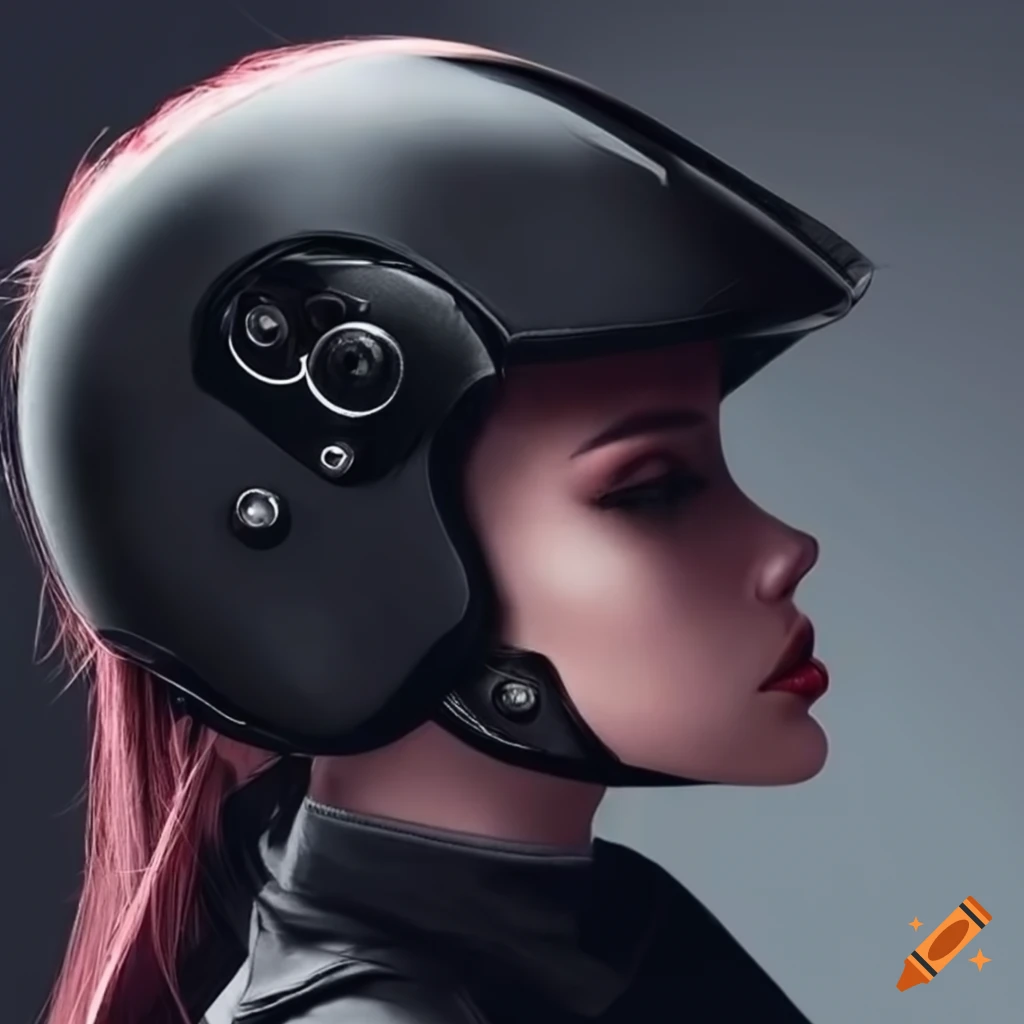 Girl in black motorcycle helmet with visor and dark rose gold hair in ponytail