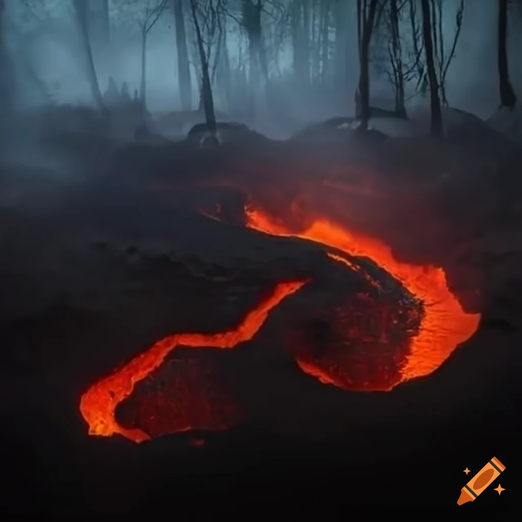 Lava from crater running through forest to beach