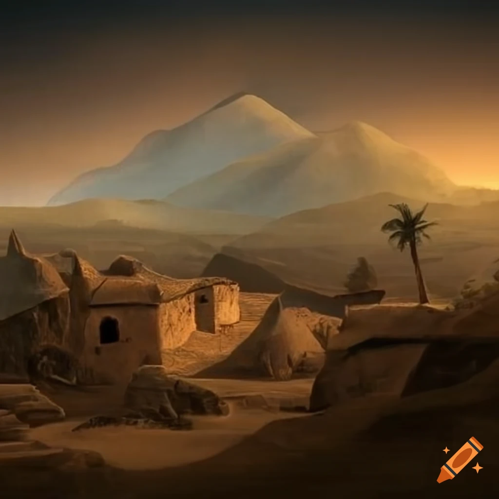 Neolithic village surrounded by palm trees with a distant Sumerian ziggurat