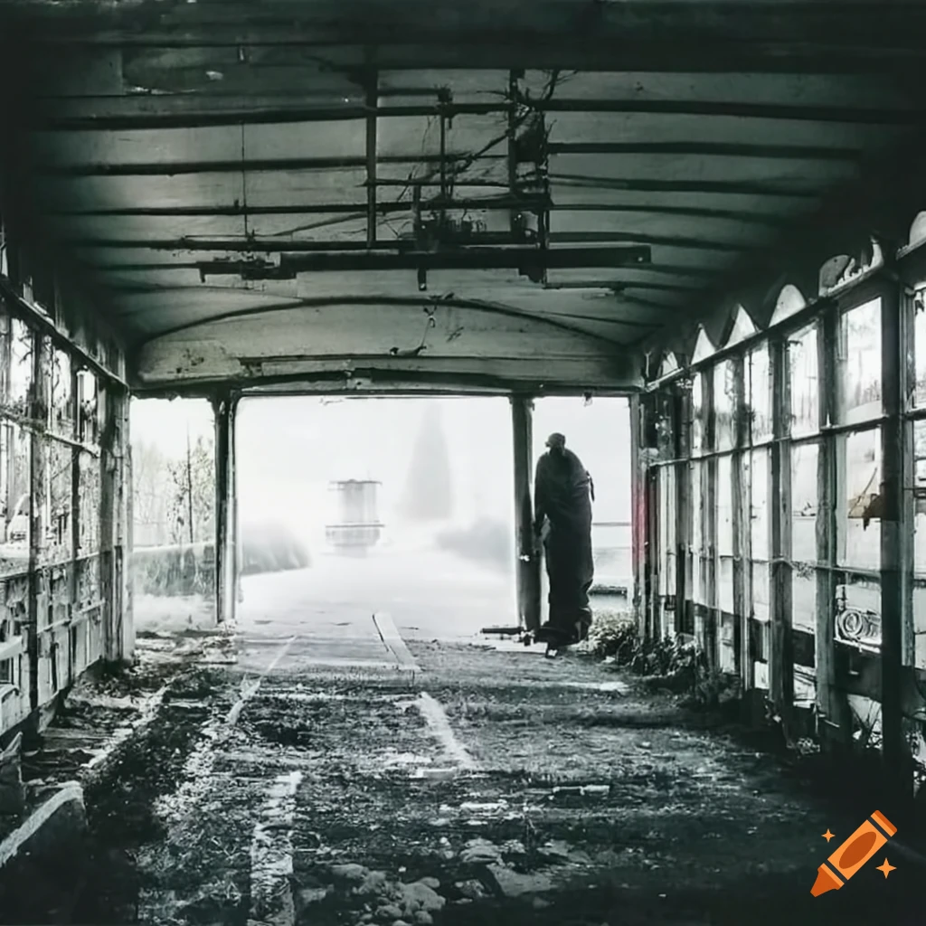 Abandoned bus station with a dementor in a sinister foggy atmosphere