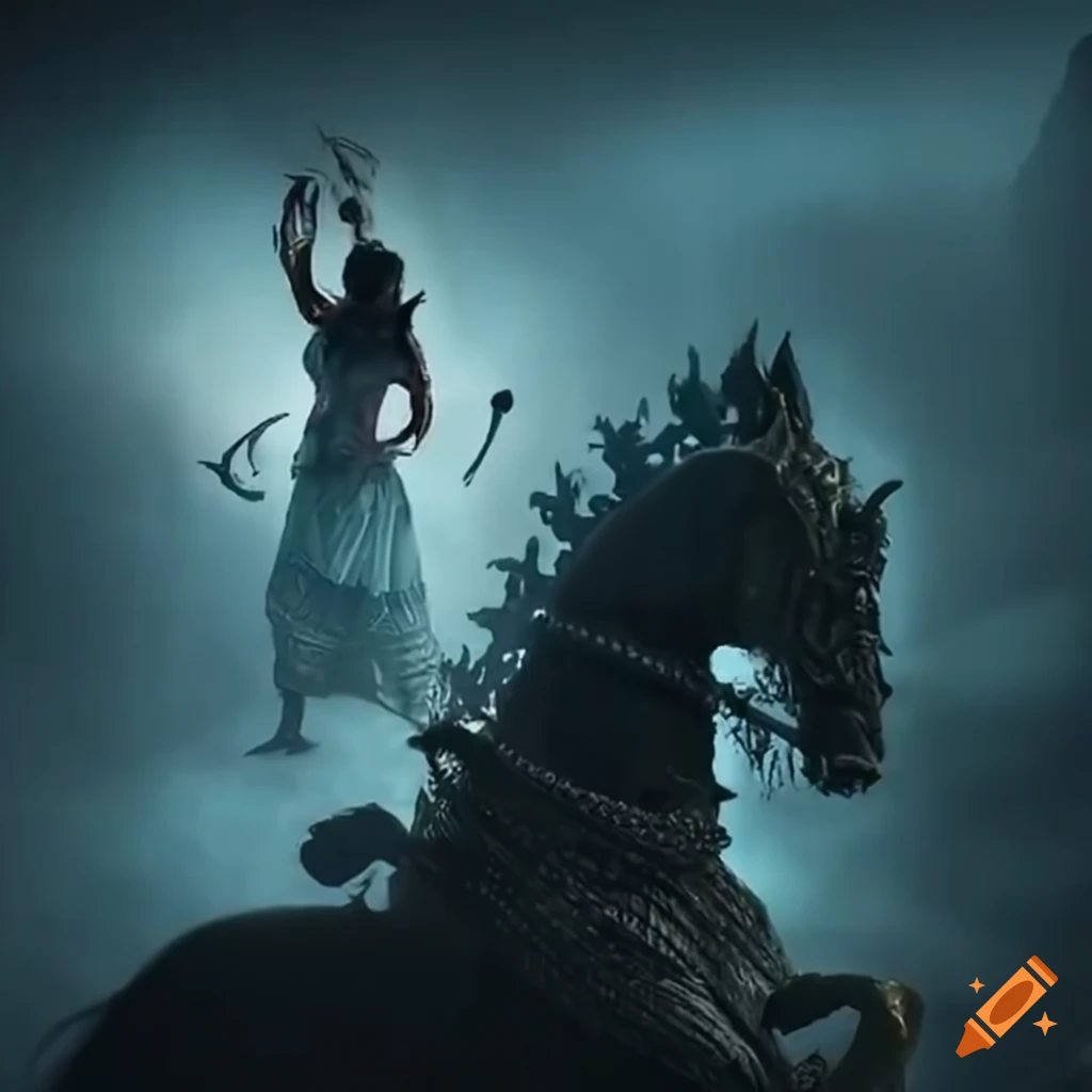 Epic battle of Hindu goddess Kalki and evil villain in futuristic dystopian setting