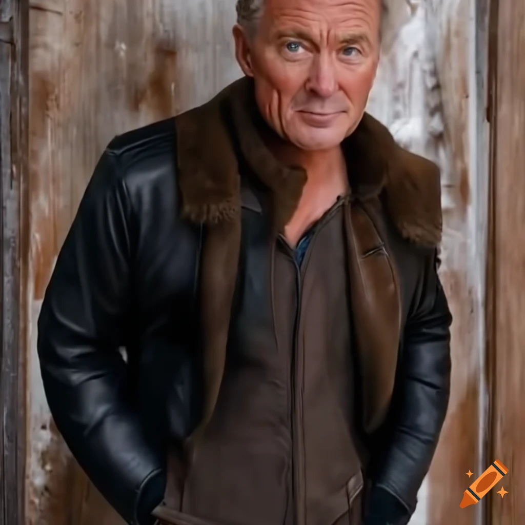 Young man in sheepskin jacket and leather trousers standing in barn doorway