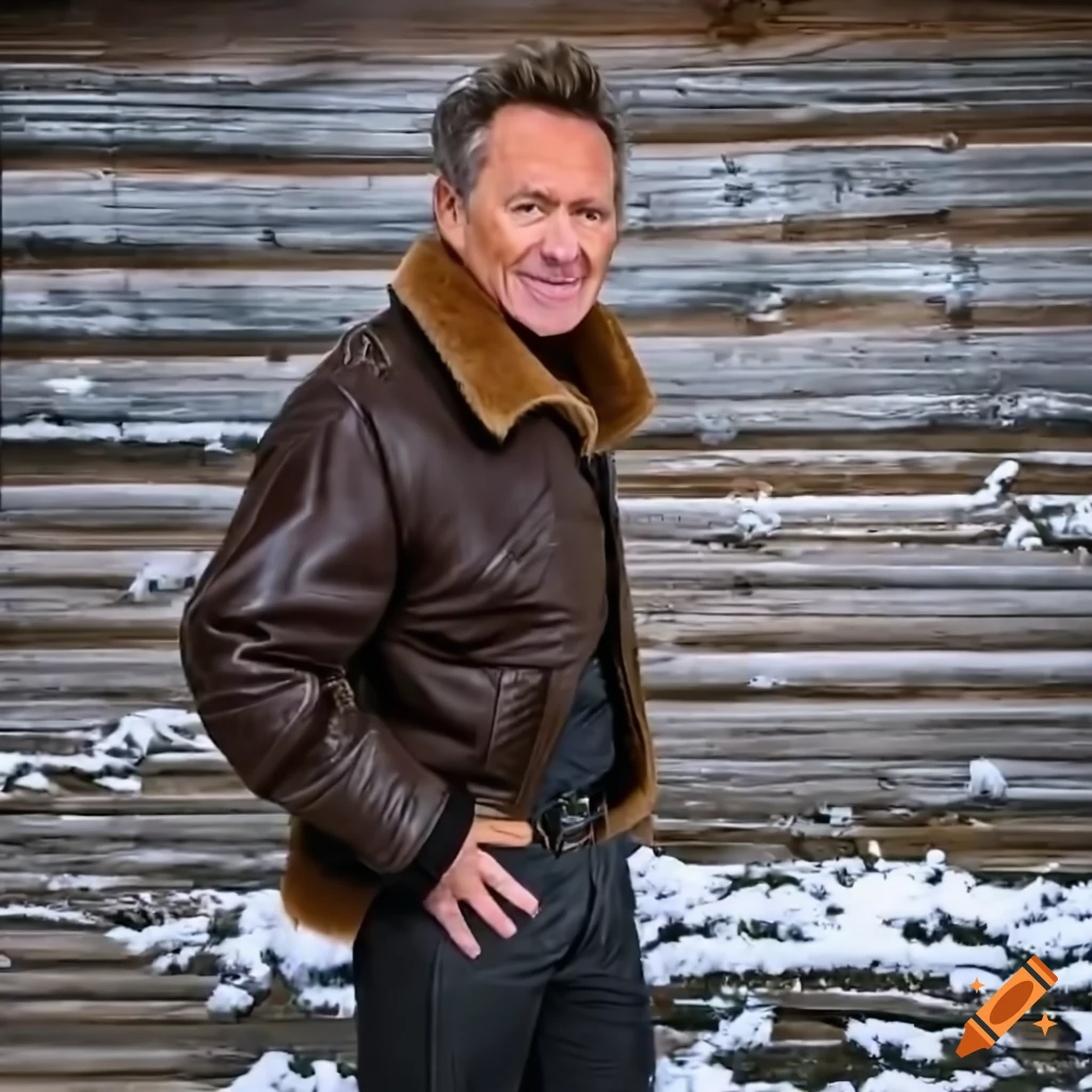 Young man in sheepskin jacket and leather trousers standing in barn doorway