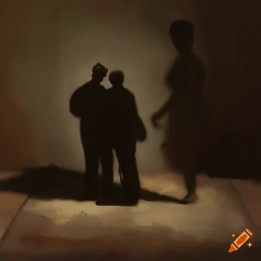 Oil painting of two shadows hugging next to a man's shadow on the ...