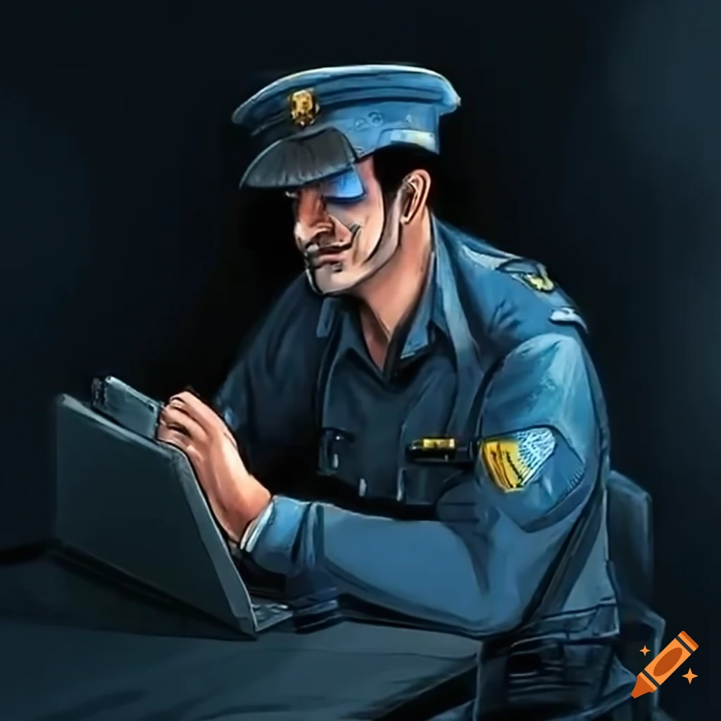 Police officer fixing a desktop computer