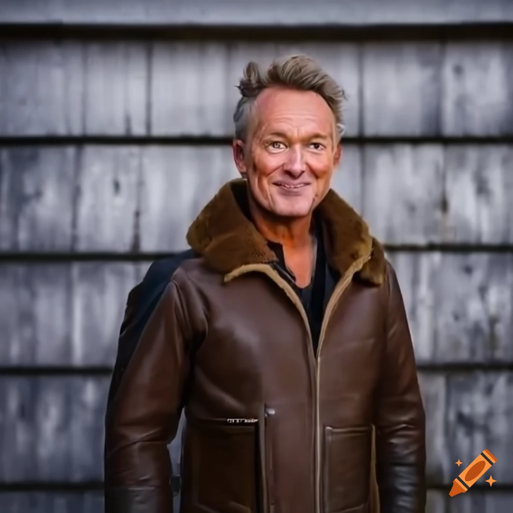 Young British actor in sheepskin bomber jacket and leather trousers standing in barn doorway