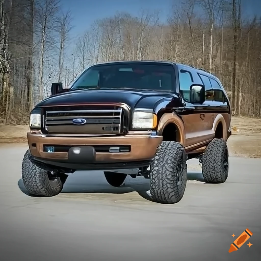 Black and tan off-road Ford Excursion with futuristic styling and aggressive tires
