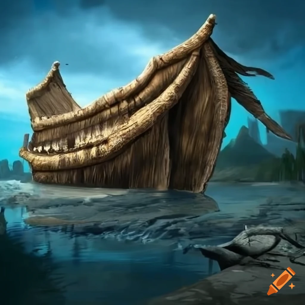 Wooden ark in rough storm during prehistoric times