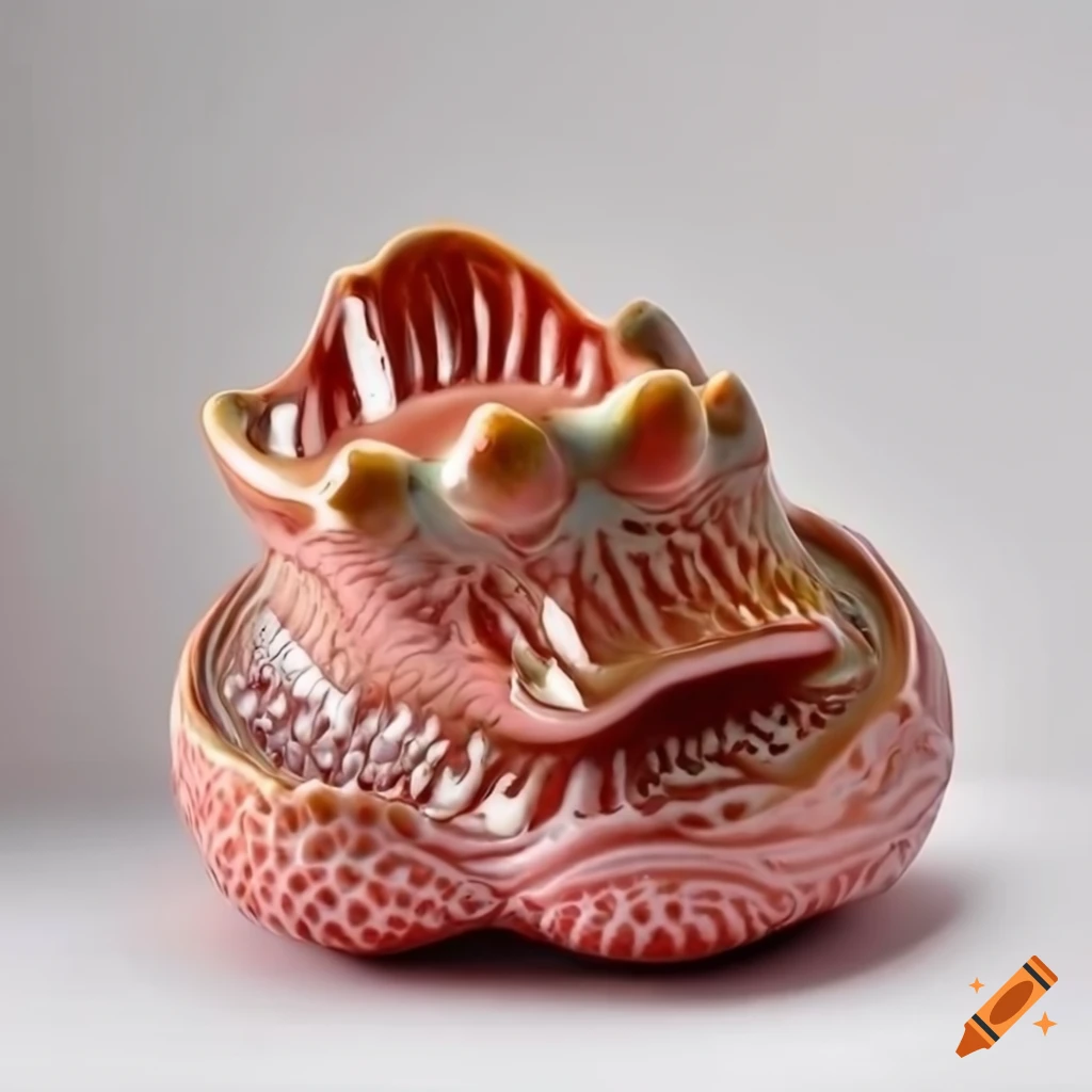 Ceramic bulbous tulip crocodile with unique glaze and salt crystals on white background