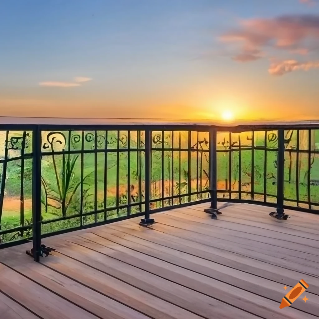 Meticulously crafted wrought-iron railing around a deck with Middle-earth's rustic charm