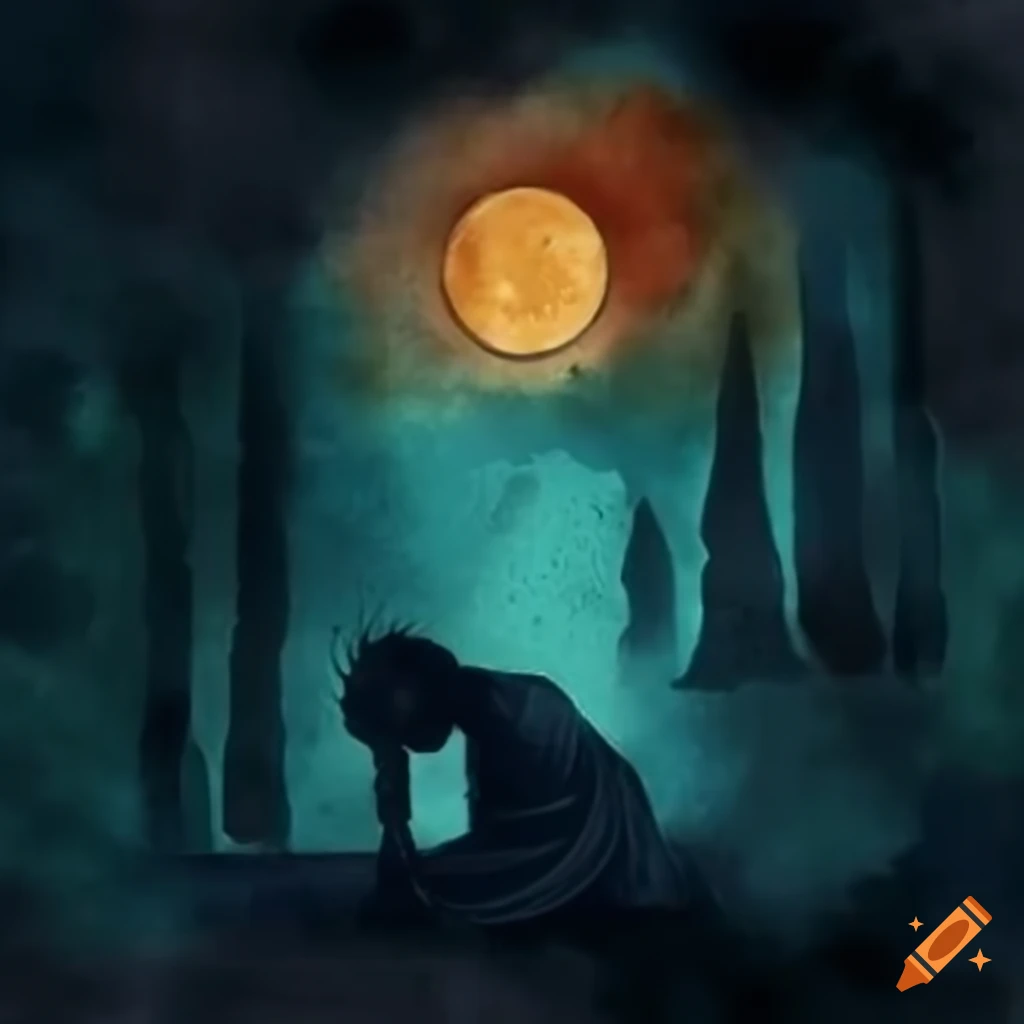 Dark and sombre scene with a woman, a man lying on the ground and a shadow cast by the moon