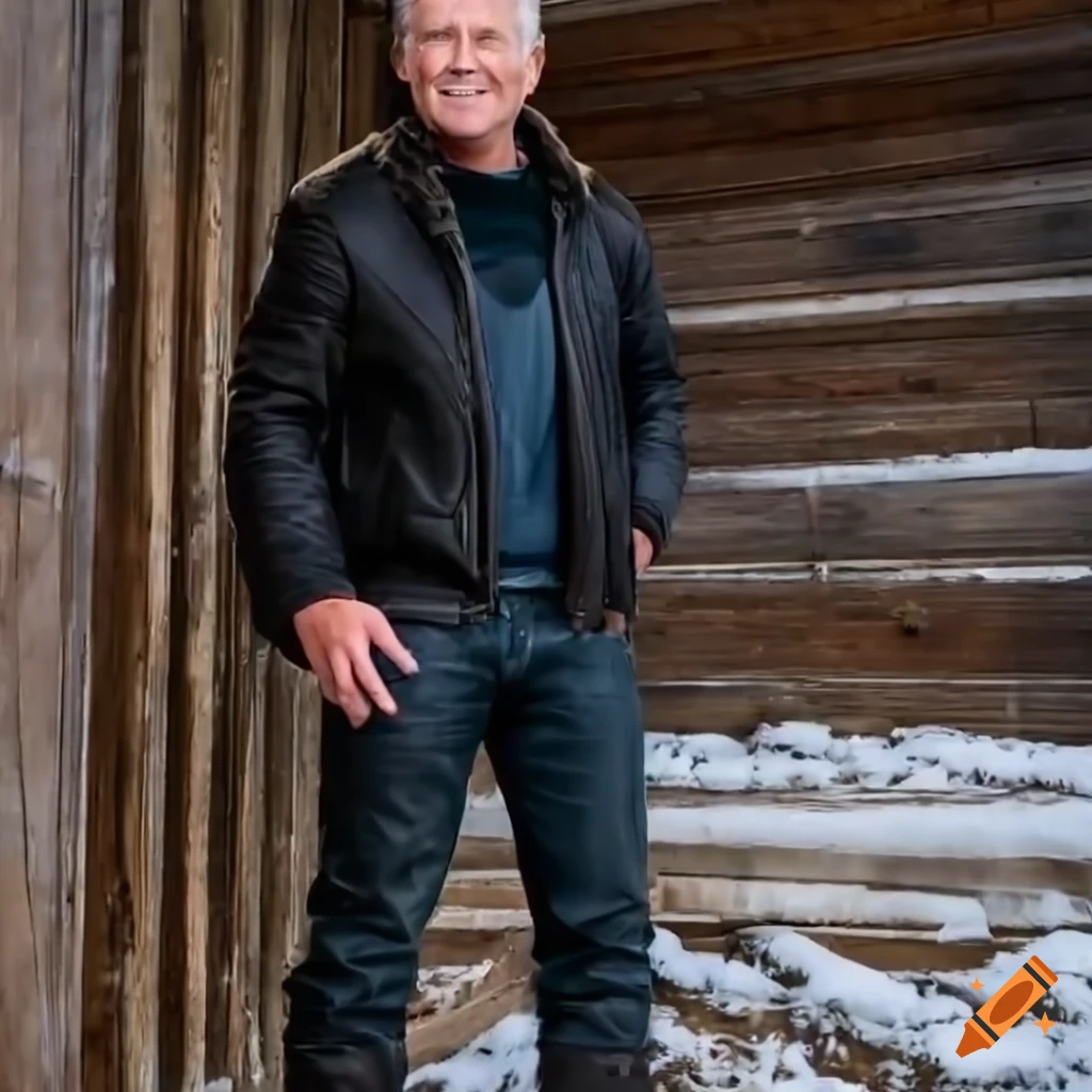 Young man in sheepskin jacket and leather trousers standing in barn doorway