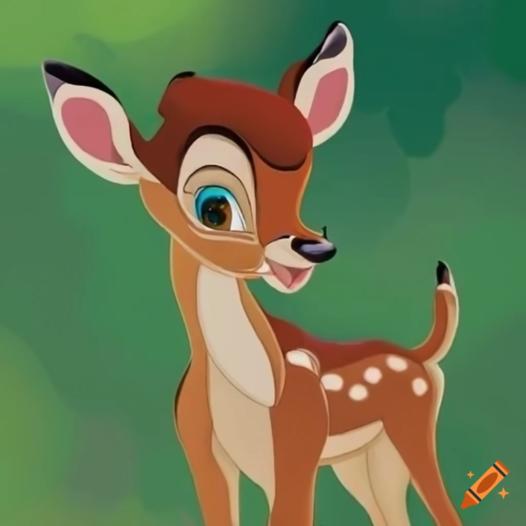 Bambi looking anxiously to the left in a light and lush green clearing