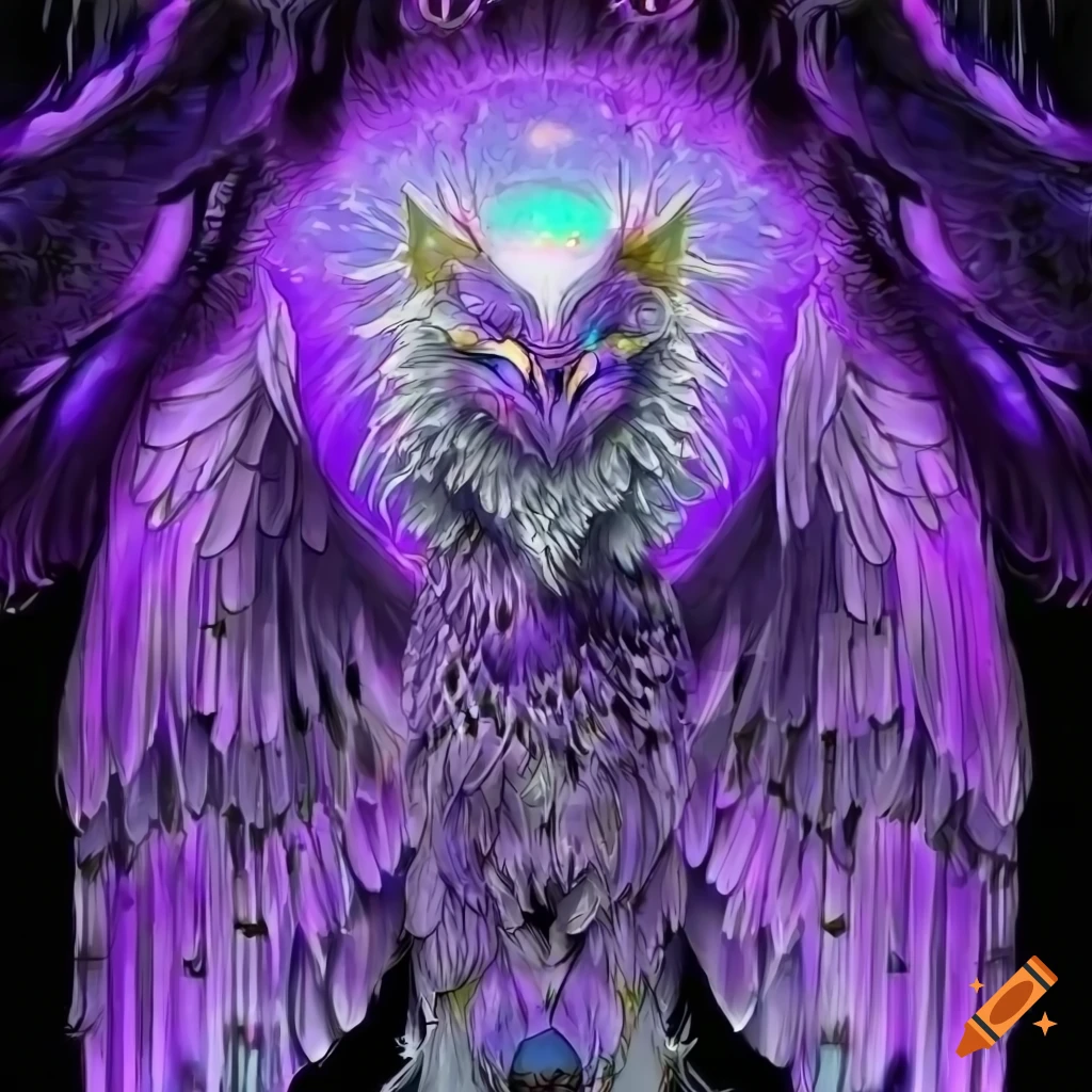 Cosmic Eldritch Owl Phoenix Gryphon with majestic wings and wolf tail
