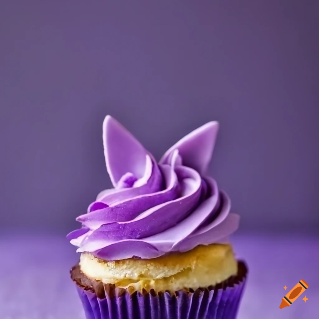 Purple fox head cupcake in a whimsical food photography setting