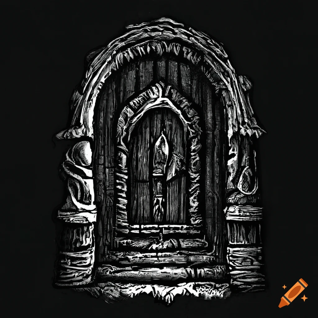 Intricate stonework of a dungeons and dragons dungeon with an ominous cracked door emitting light
