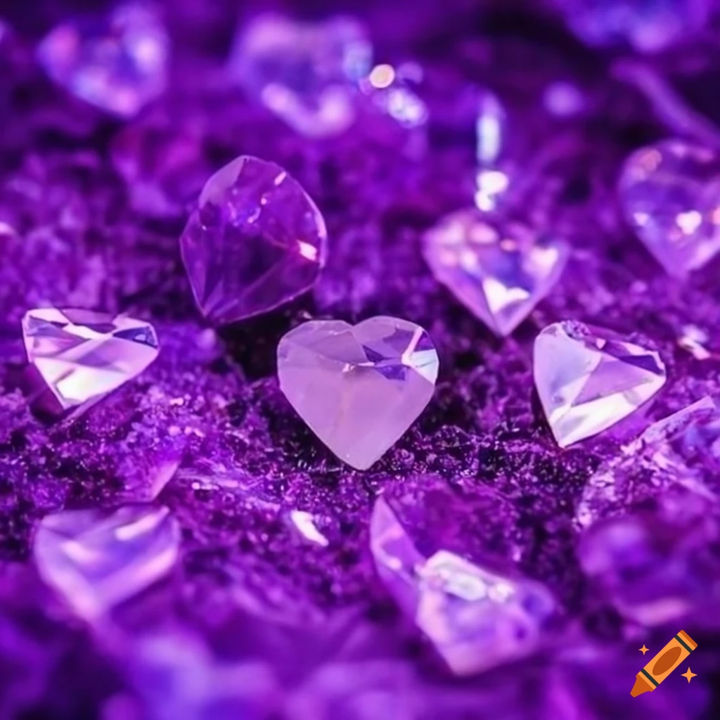 Purple heart shaped diamond shining on sand