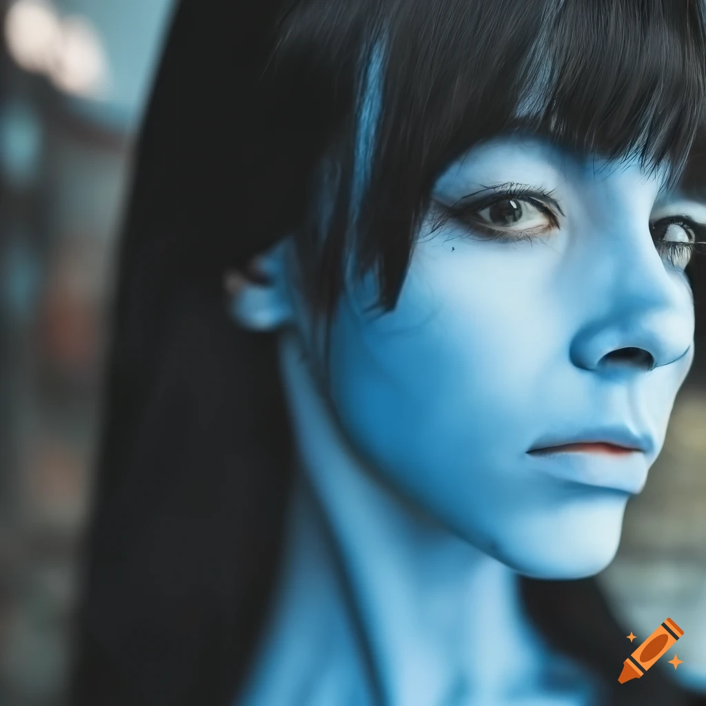 Alien woman with pointed ears and blue skin sitting at a cafe on a sunny street