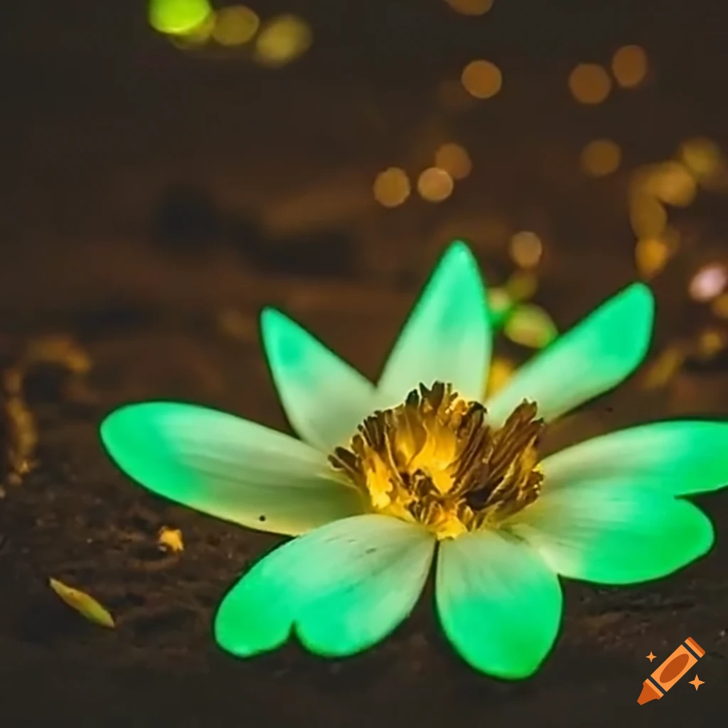 Luminous flower blooming in the sandy beach at night, close-up shot
