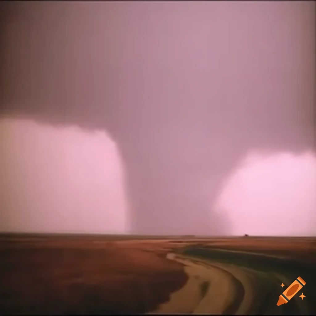 Wedge tornado in a Texas field with trees in the background on VHS footage