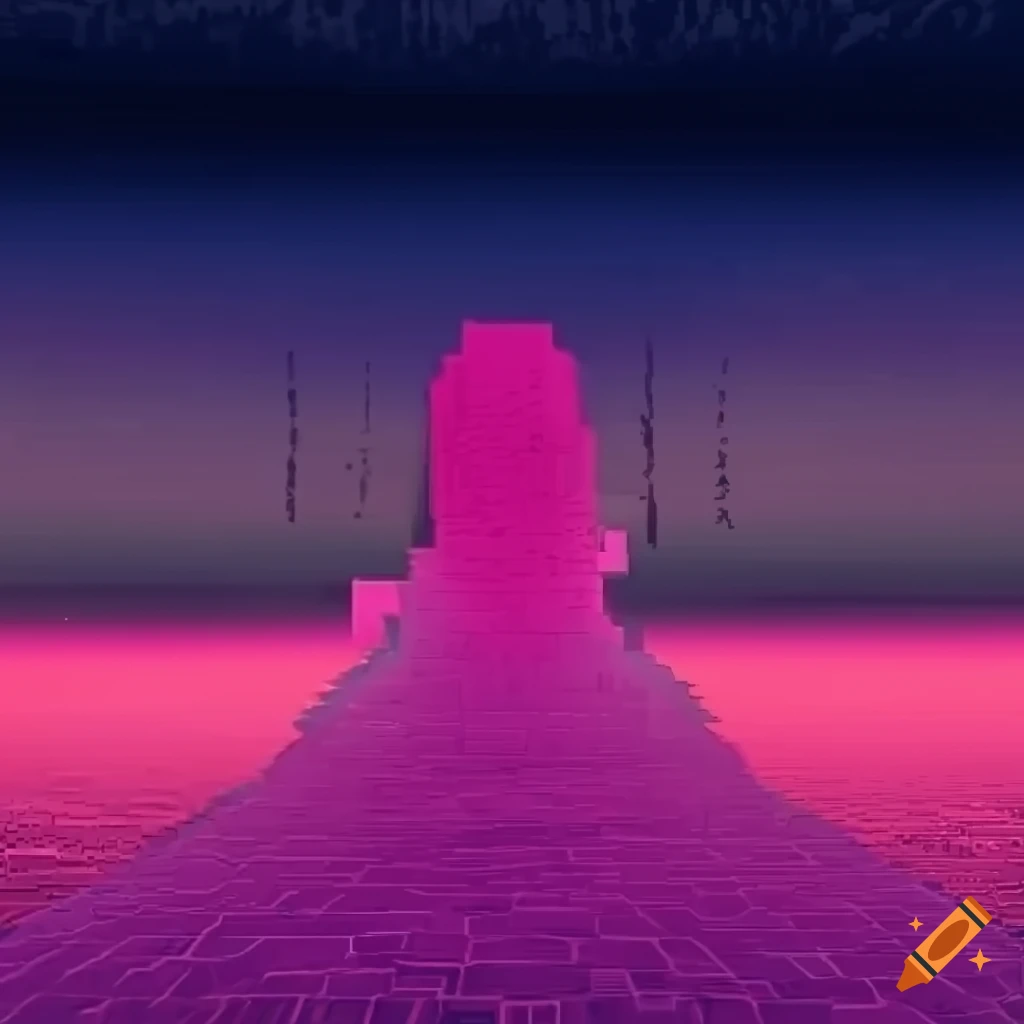 Retro 32bit ethereal 3D realm with psychedelic pink skies