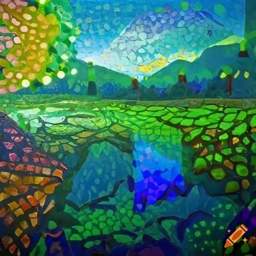Vibrant stained glass mosaic of Venya in Mount Celestia with serene landscape